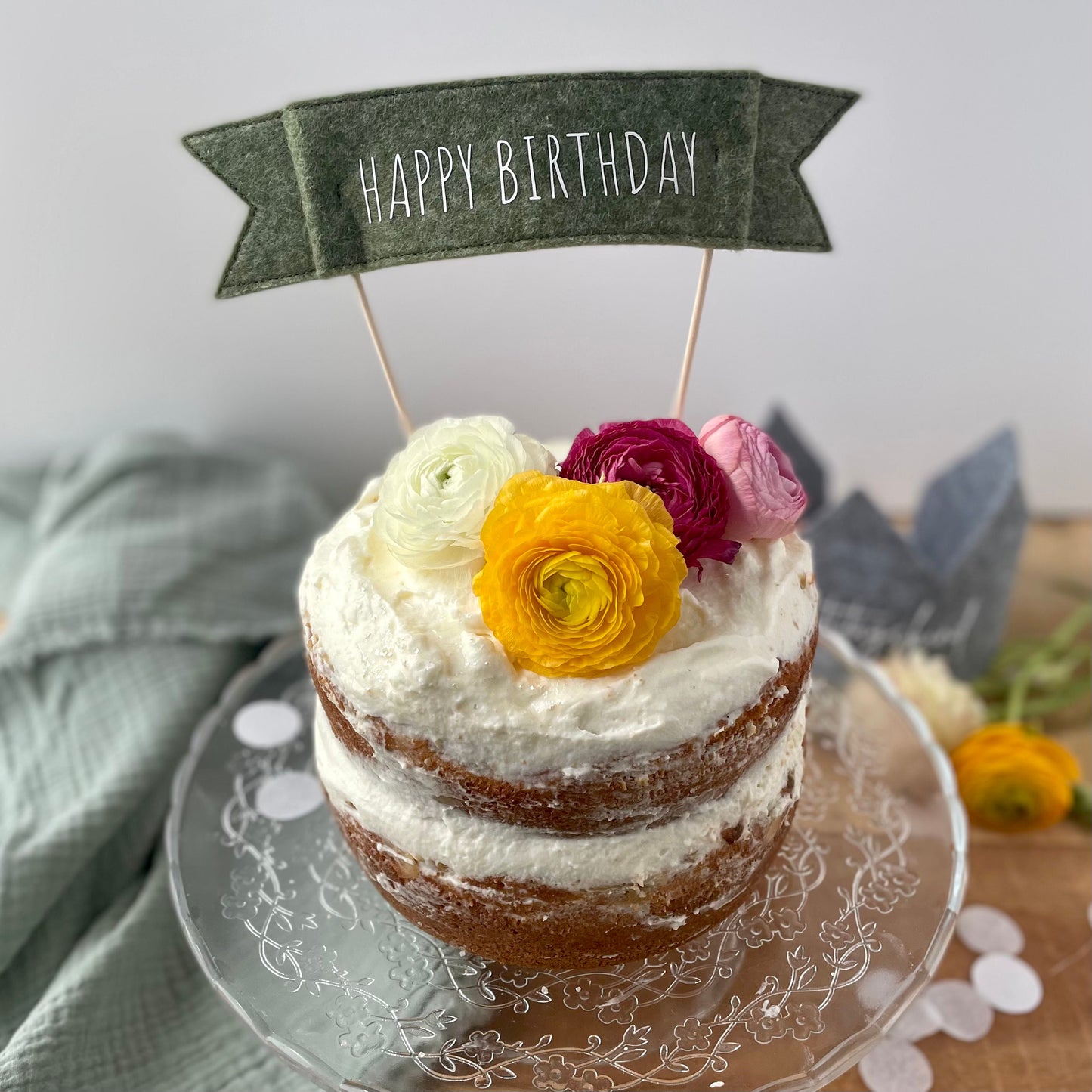 Cake Topper | Happy Birthday | Nachhaltiger Topper für den Geburtstagskuchen aus Filz